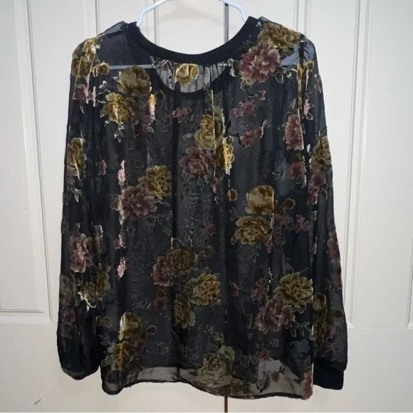 A New Day Sheer Velvet Floral Long Sleeve Blouse Size Large - Picture 7 of 9